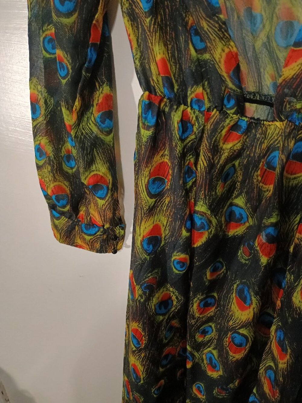 Miss Ord Peacock Feather Print Maxi Dress Deep V Boho Long Sleeve - Picture 7 of 15